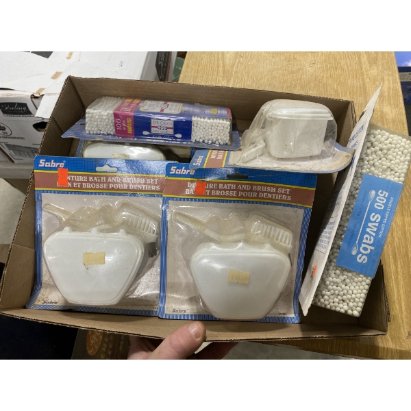 BOX LOT OF Q TIPS AND DENTURE BRUSH SETS