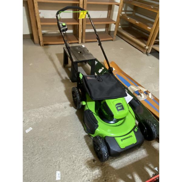 GREENWORKS PUSH LAWN MOWER WITH BAGGER - MISSING BATTERY AND CHARGER