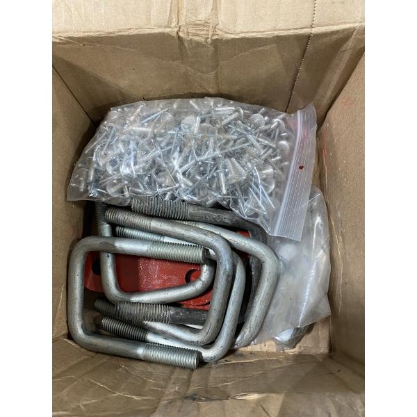 BOX LOT OF U-BOLTS, RIVETS, 3 METAL PIECES POSSIBLY FOR A TRAILER