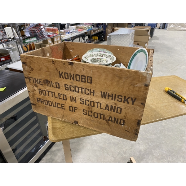 WOODEN BOX LOT OF ASSORTED GLASS