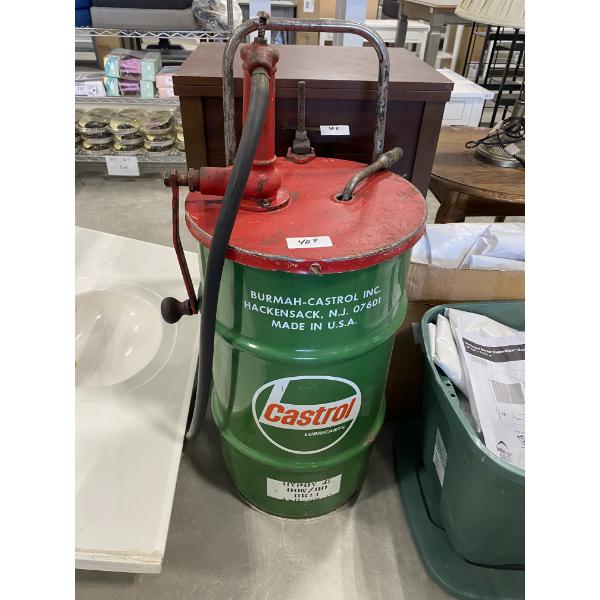 NICE CASTROL BARREL WITH HAND CRANK PUMP AND NOSSLE ON A TROLLY