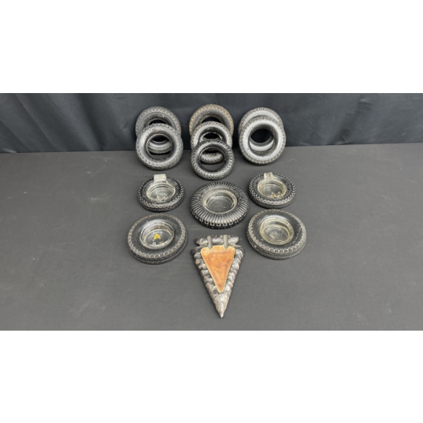 VINTAGE TIRE ASHTRAYS W/ GLASS INSERTS & ARROWHEAD ASHTRAY