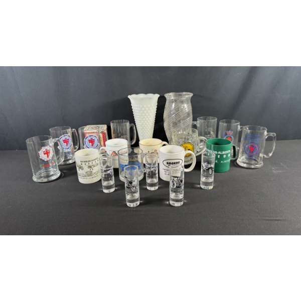 ASSORTED MUGS, VETERAN STEINS & GLASSWARE 