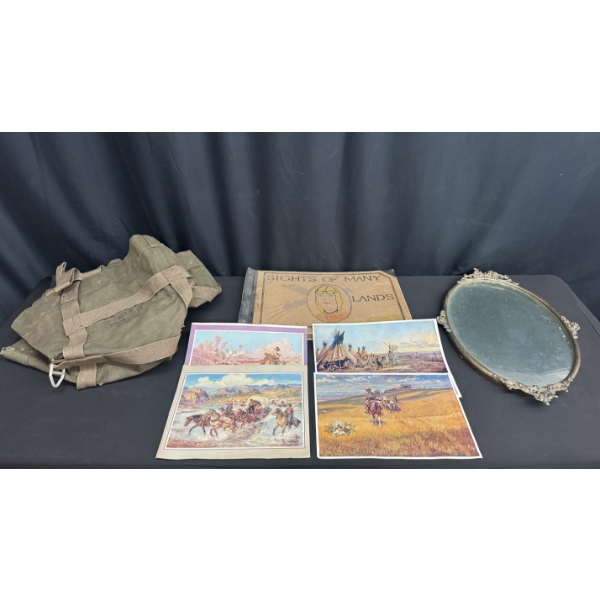 ASSORTED VINTAGE COLLECTIBLES (SCRAPBOOK, ORNATE OVAL MIRROR)