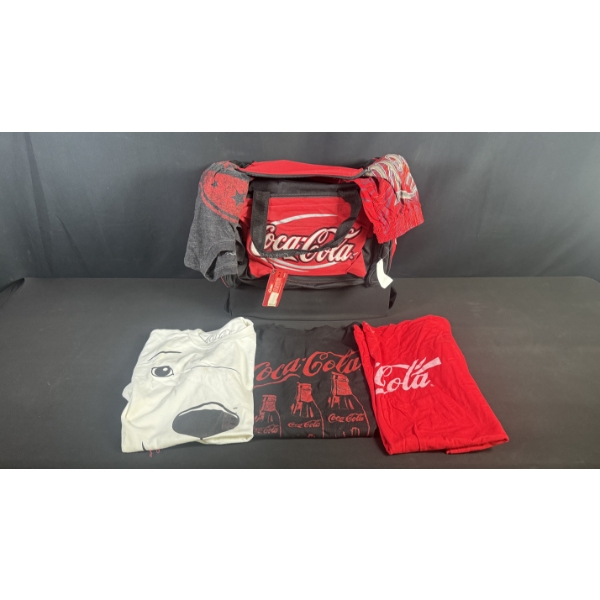 COCA-COLA DUFFEL BAG FILLED W/ ASSORTED TSHIRTS & SHORTS - MIXED SIZES
