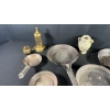 Image 2 : ANTIQUE PRESSED METAL FRYING PANS & BRASS DECOR