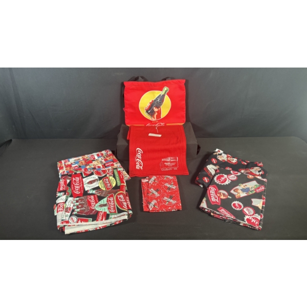 LOT OF COCA-COLA FABRIC & TEXTILES, TOTE BAG, & CALGARY '88 SCARF