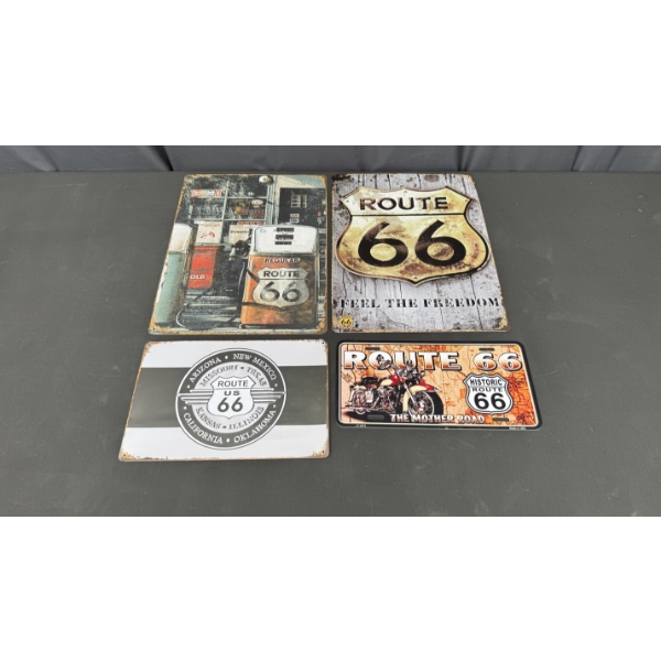 3 METAL ROUTE 66 SIGNS AND 1 ROUTE 66 LICENSE PLATE