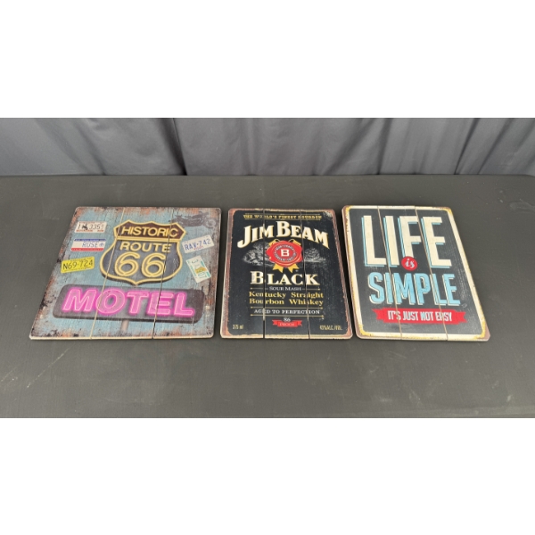 3 WOODEN SIGNS 16" X 12" INCUDES JIM BEAM