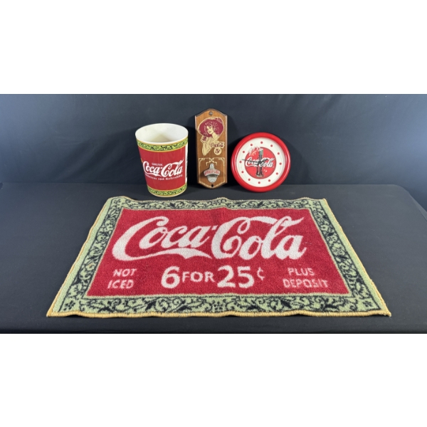 COCA-COLA CLOCK, RUG(35" X 22"), BOTTLE OPENER, TRASH BIN