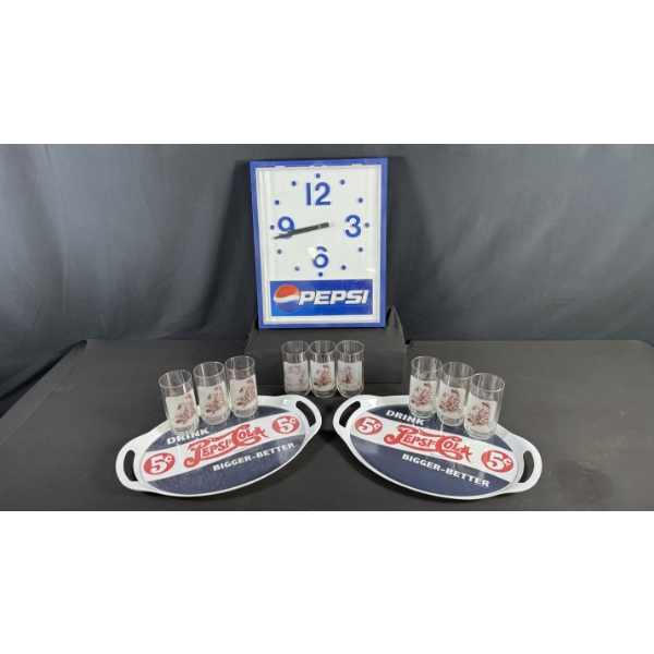 PEPSI-COLA WALL CLOCK, SERVING TRAYS & NORMAN ROCKELL COLLECTOR GLASSES