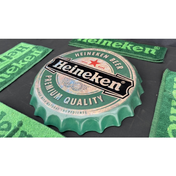 HEINEKEN BOTTLE CAP SIGN & 4 GOLF TOWELS