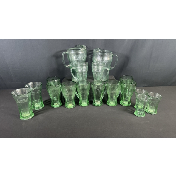 COCA-COLA GREEN GLASS COLLECTION W/ PITCHERS & TUMBLERS