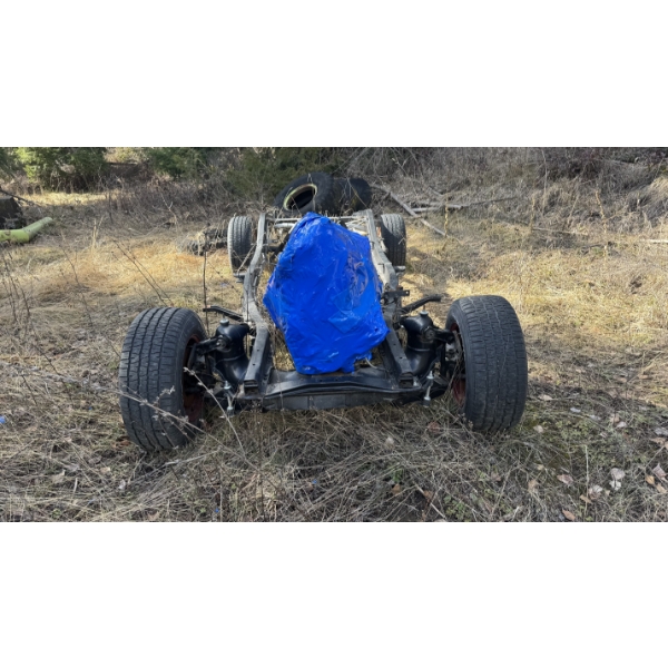 1949 Chevy Car Chassis C/W Motor, Trans, Rear End. Runs Good. New Exhaust
