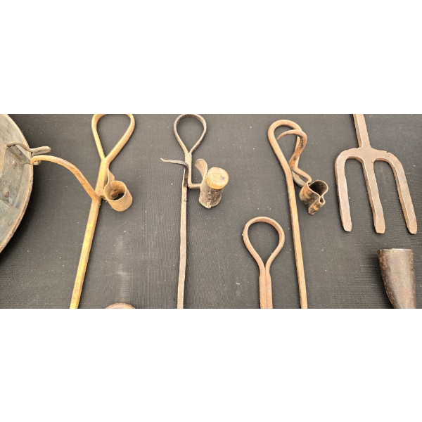 ANTIQUE CANDLE HOLDERS, SPEAR HEADS, CANTEEN & OUTDOOR COOKWARE