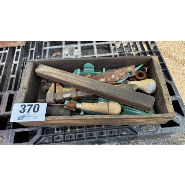 BOX OF VINTAGE HAND TOOLS & FARM PARTS