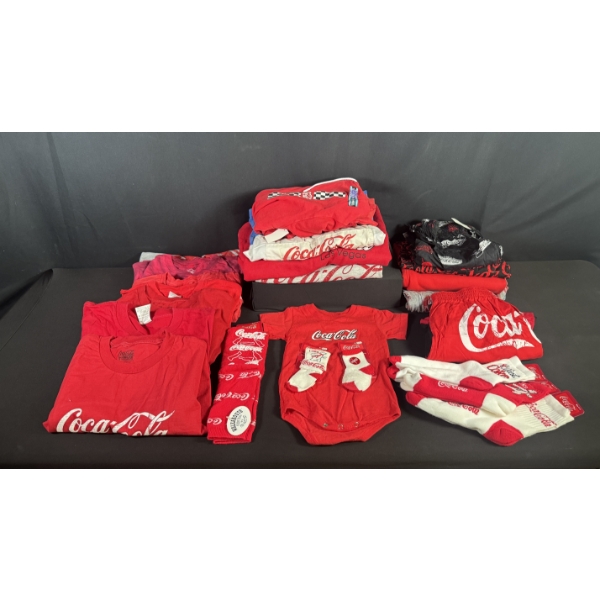 VARIOUS COCA-COLA CLOTHING W/ PANTS, TSHIRTS, SOCKS, ONESIE