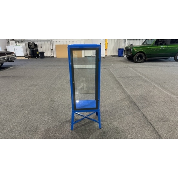 BLUE METAL AND GLASS DISPLAY STAND WITH LOCKING DOOR & KEY