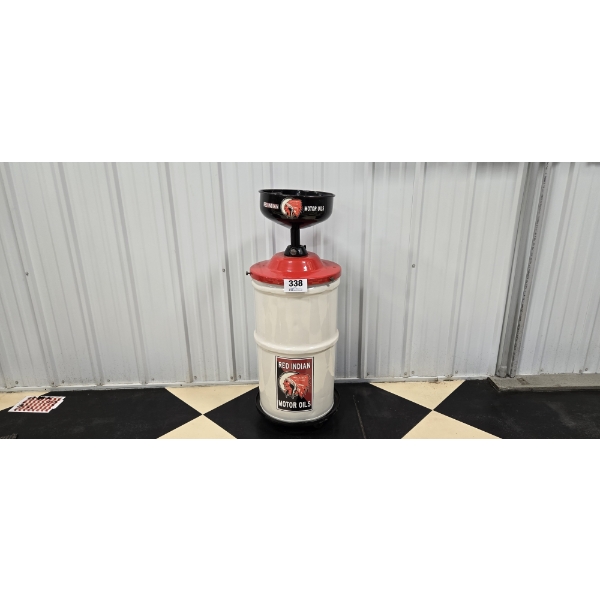 NO RESERVE RED INDIAN MOTOR OIL CAN AND FUNNEL