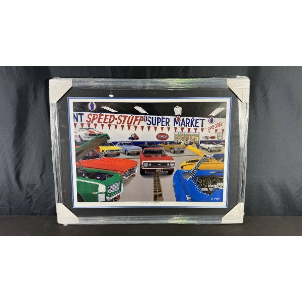 DAVE SNYDER "SPEED-STUFF SUPER MARKET" LIMITED EDITION FRAMED PRINT (123/750) 25" X 34"