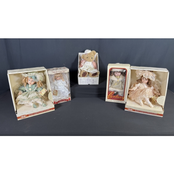 BOXED PORCELAIN DOLL COLLECTION W/ COLLECTOR BEAR