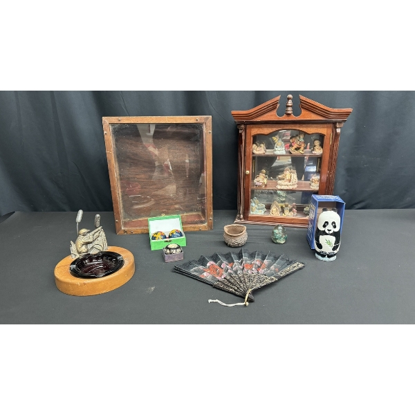 ASSORTED COLLECTIBLES W/ SHADOW BOXES, ASHTRAY, HAND-PAINTED NESTING DOLLS, CLOISONNE DRAGON BALLS