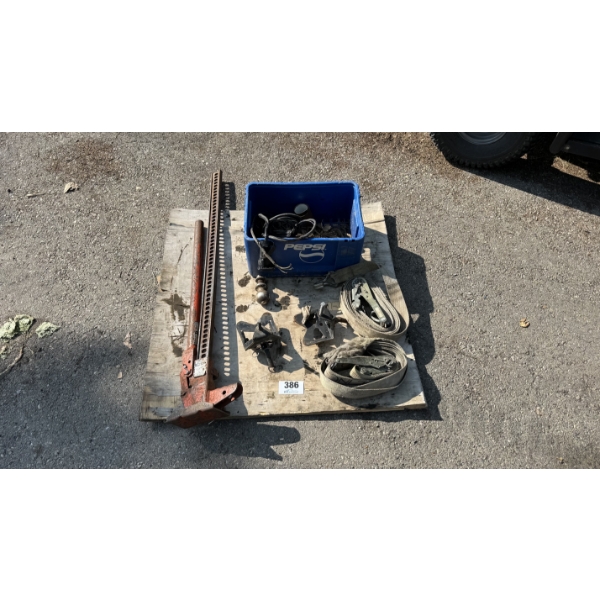 ASSORTED TRAILER HITCHES, TOW STRAPS & FARM JACK