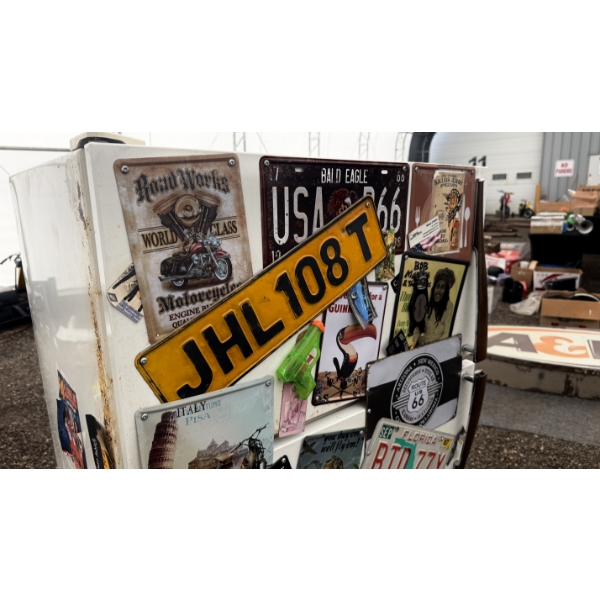 MAN CAVE FRIDGE WITH ATTACHED METAL SIGNS