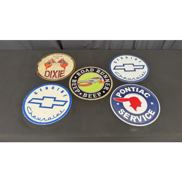 5 SMALL ROUND METAL SIGNS 12" INCUDES PONTIAC AND ROAD RUNNER