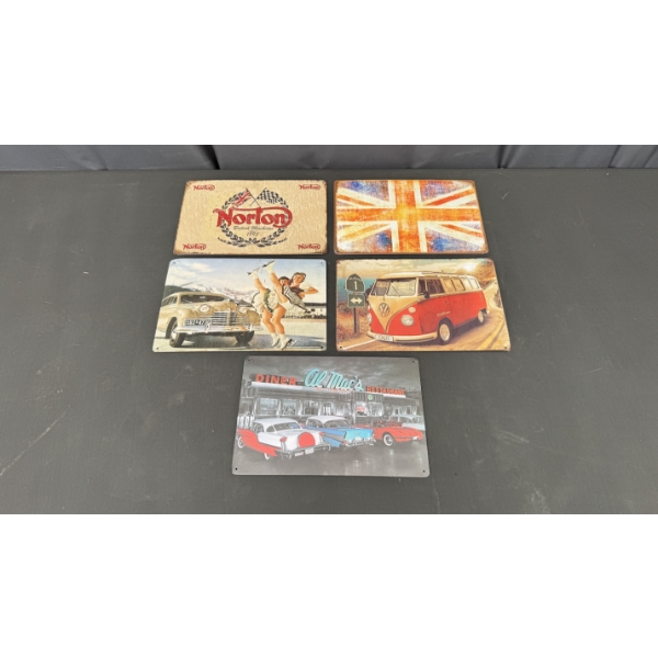 5 SMALL METAL SIGNS 12" X 8" 