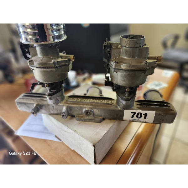 Offenhauser Chevy 6 cylinder aluminum intake manifold with 2 carbs and chrome air cleaner