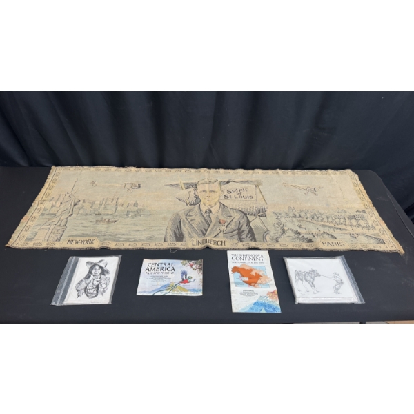 WOVEN CHARLES LINDBERGH "SPIRIT OF ST. LOUIS" BANNER, MAPS, BLANK CARDS