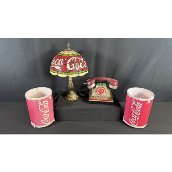 SMALL COCA-COLA TIFFANY STYLE LAMP, TELEPHONE & CAN-STYLE TABLE LAMPS