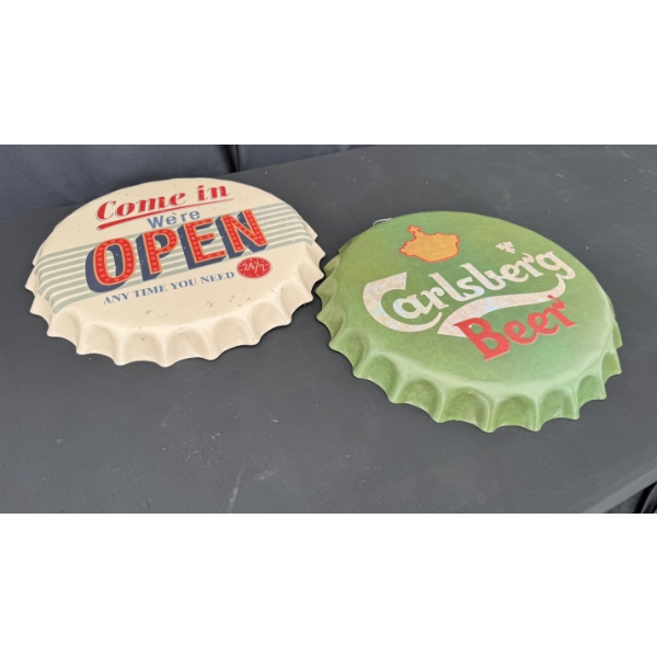 2 METAL CARLSBERG BOTTLE CAPS SIGNS 16" DIA