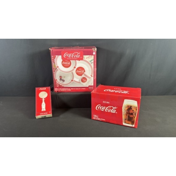 COCA-COLA DINNERWARE & GLASSWARE SETS W/ PIZZA CUTTER