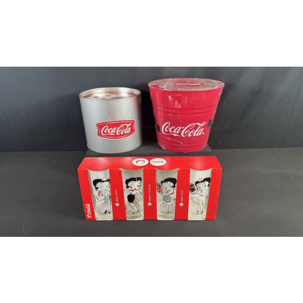 COCA-COLA & BETTY BOOP GLASSWARE, TUMBLER TIN & ICE BUCKET SET