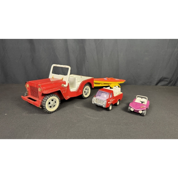 VINTAGE TONKA JEEP W/ BOAT TRAILER & TONKA BUGGY W/ COCA-COLA TOY TRUCK