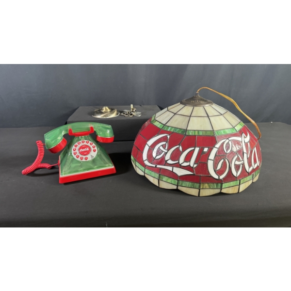 COCA-COLA TIFFANY-STYLE HANGING LAMP & GLASS-STYLE RETRO TELEPHONE