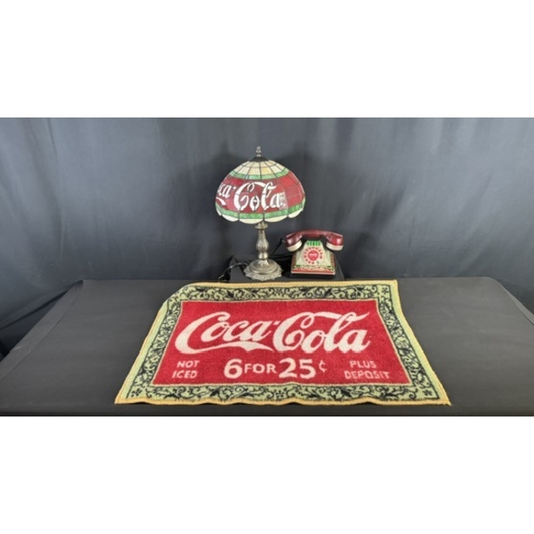 COCA-COLA TIFFANY-STYLE LAMP, TELEPHONE & RUG