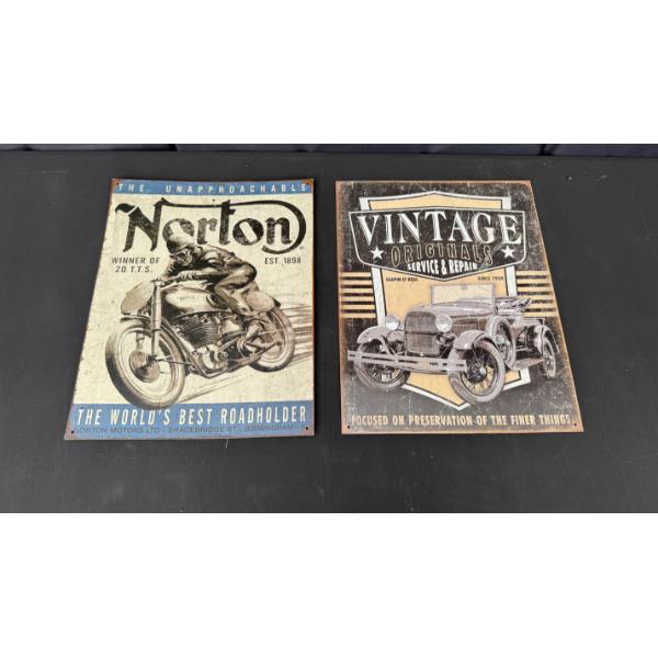 2 METAL SIGNS 16" X 12 " INCLUDES NORTON MOTORCYCLE