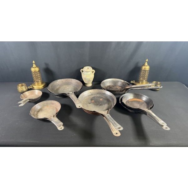 ANTIQUE PRESSED METAL FRYING PANS & BRASS DECOR