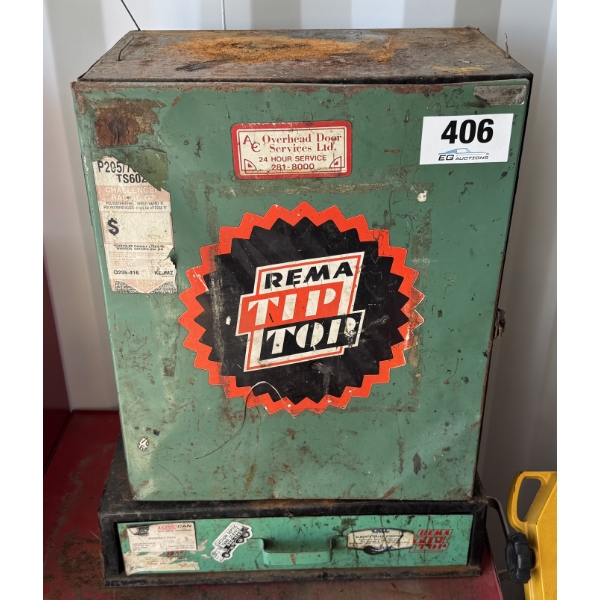 VINTAGE REMA TIP TOP TIRE REPAIR CABINET W/ CONTENTS