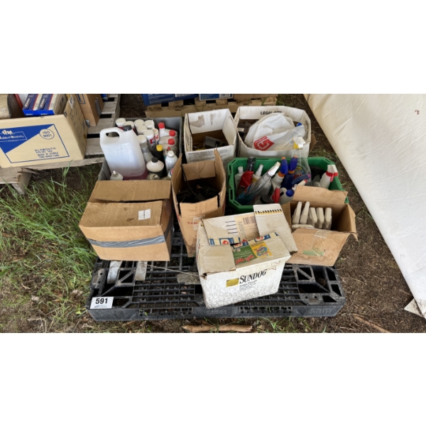 MISCELLANEOUS LOT W/ CLEANING PRODUCTS, WALKIES, TIRE PAINT