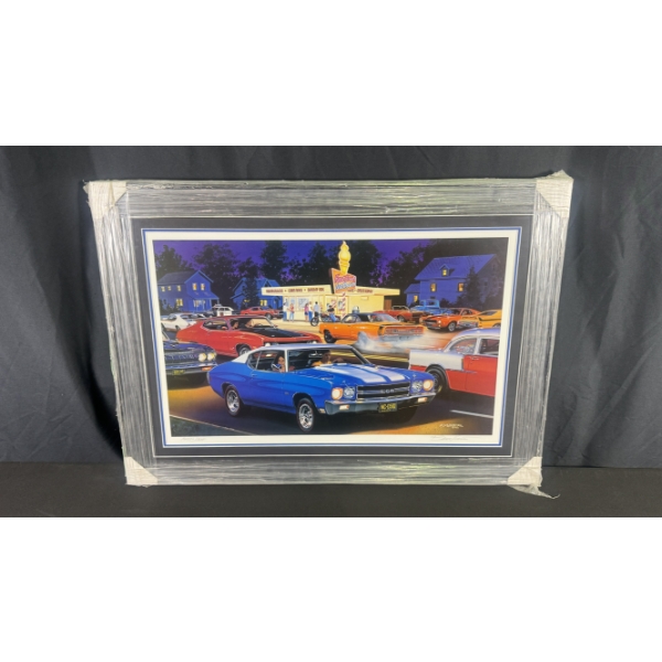 BRUCE KAISER "FAST FRED'S" MUSCLE CAR CRUISE ARTIST PROOF FRAMED PRINT 21.5" X 30"