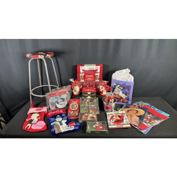 MASSIVE COCA-COLA HOLIDAY ASSORTMENT W/ STOOL, GIFT BAGS, STOCKINGS, & MUGS