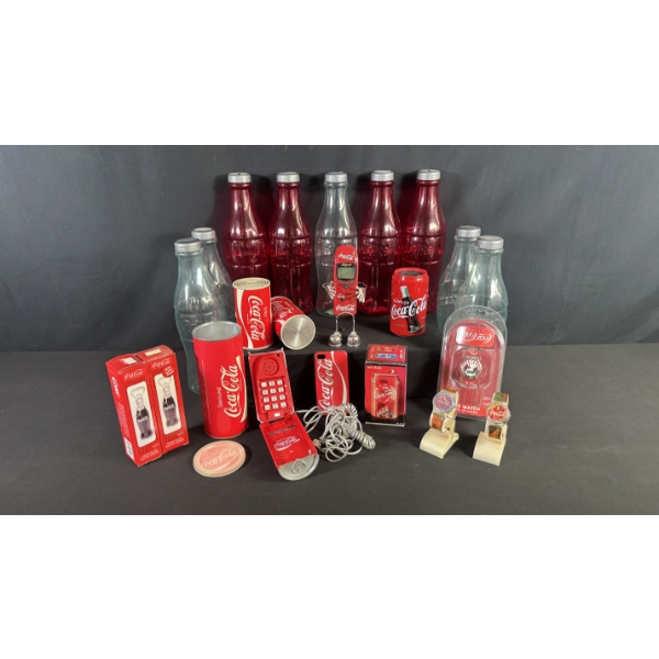 ASSORTED COCA-COLA NOVELTY ITEMS - PHONES, WATCHES, SPEAKERS, PIGGY BANKS