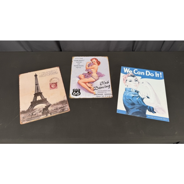 3 METAL SIGNS 16" X 12" INCUDES EIFFEL TOWER