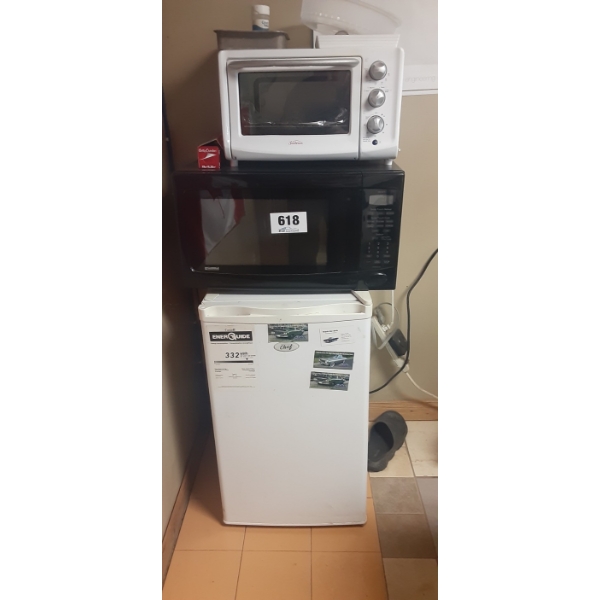 Mini Fridge, Microwave, Toaster Oven, Coffee Pot, and Electric Kettle. All in good working order