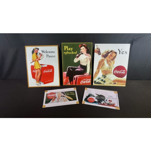 5 COCA-COLA REPRODUCTION TIN SIGNS 16" X 13"