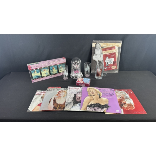 MARILYN COLLECTORS LOT - WALL ART, CLOCK, GLASSWARE & CALENDARS